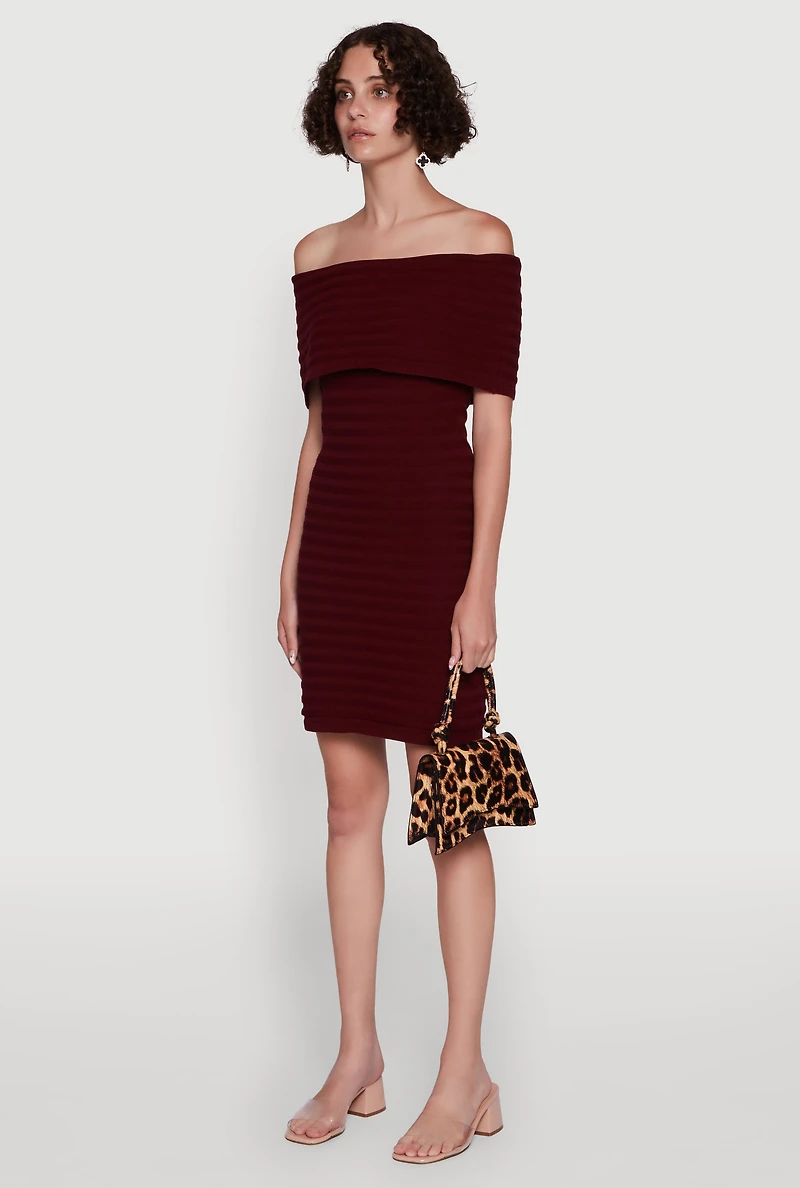 Womens Rib Knit Fold Over Off the Shoulder Mini Dress, Burgundy, Size M