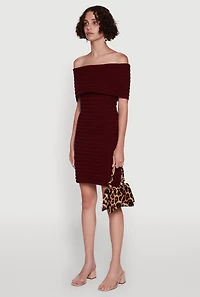 Womens Rib Knit Fold Over Off the Shoulder Mini Dress, Burgundy, Size M