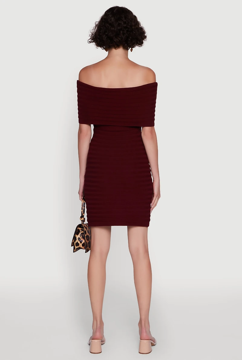 Womens Rib Knit Fold Over Off the Shoulder Mini Dress, Burgundy, Size M