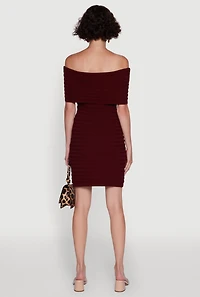 Womens Rib Knit Fold Over Off the Shoulder Mini Dress, Burgundy, Size M