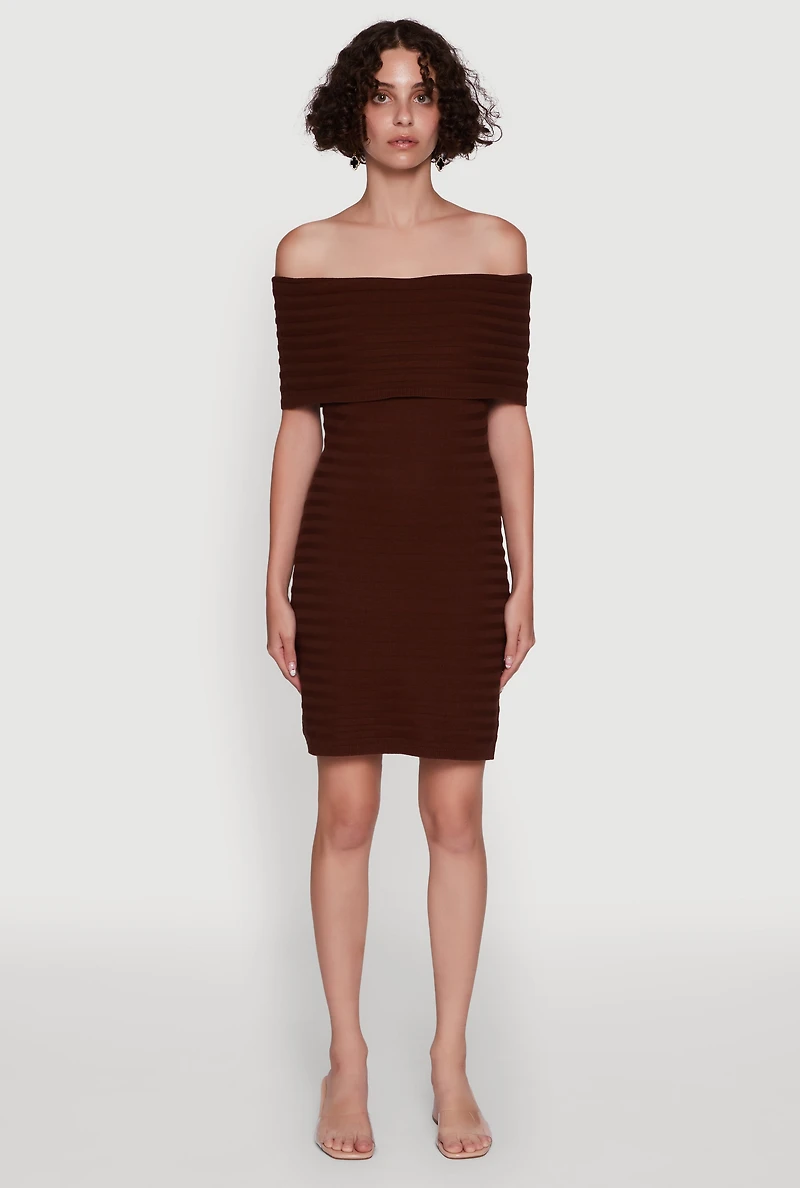 Womens Rib Knit Fold Over Off the Shoulder Mini Dress, M