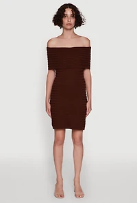 Womens Rib Knit Fold Over Off the Shoulder Mini Dress, M
