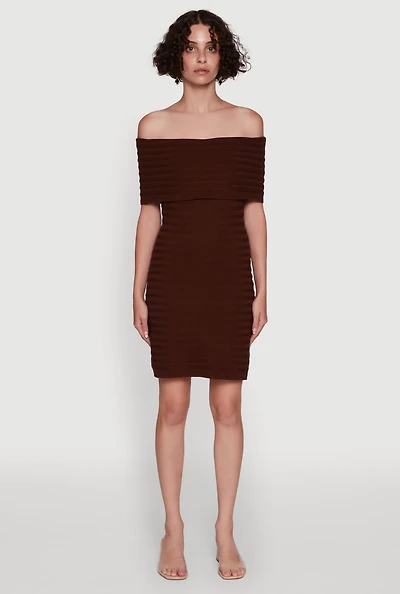 Womens Rib Knit Fold Over Off the Shoulder Mini Dress,