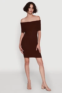 Womens Rib Knit Fold Over Off the Shoulder Mini Dress, M