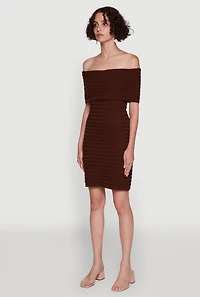 Womens Rib Knit Fold Over Off the Shoulder Mini Dress, M