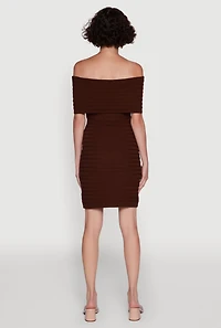 Womens Rib Knit Fold Over Off the Shoulder Mini Dress, M