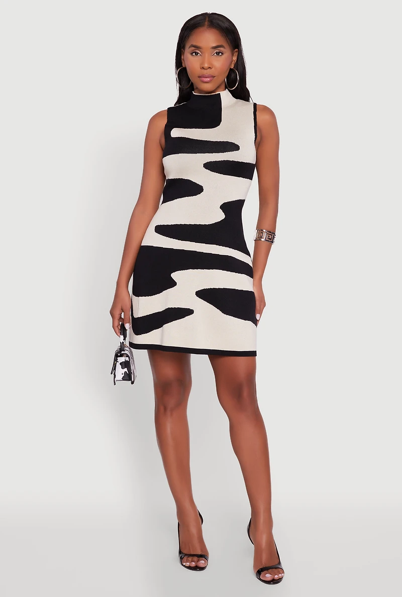 Womens Trendy Sleeveless Printed Pattern Mock Neck Sweater Dress, Multi, Size M