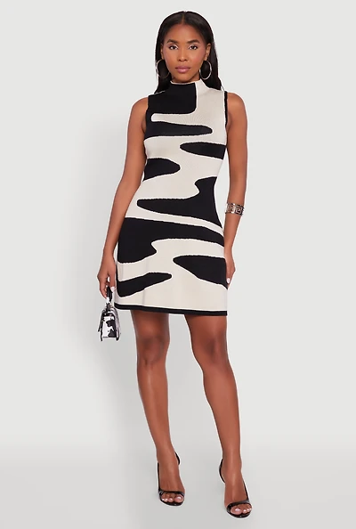Trendy Sleeveless Printed Pattern Mock Neck Sweater Dress