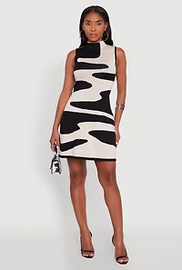 Trendy Sleeveless Printed Pattern Mock Neck Sweater Dress