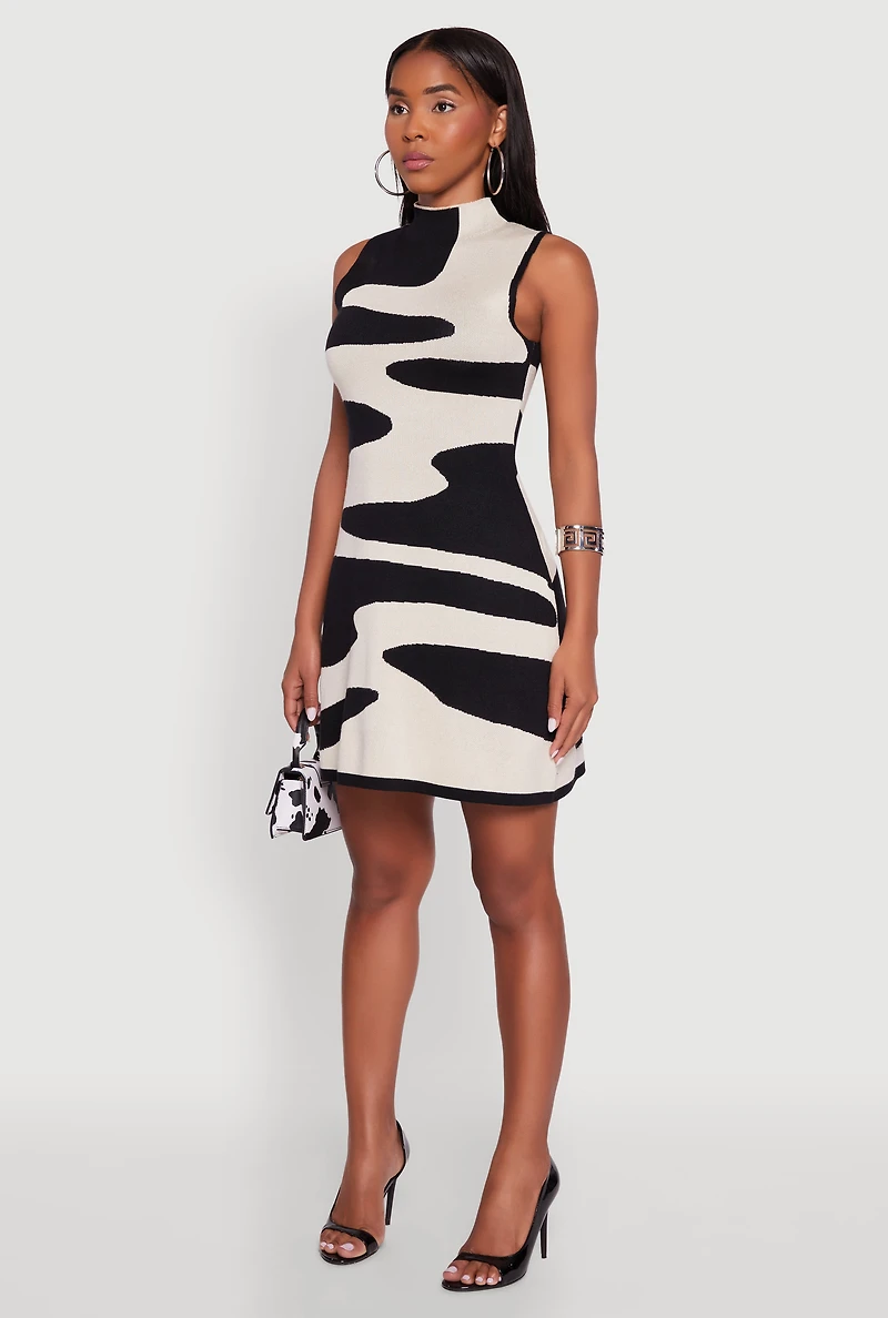Womens Trendy Sleeveless Printed Pattern Mock Neck Sweater Dress, Multi, Size M