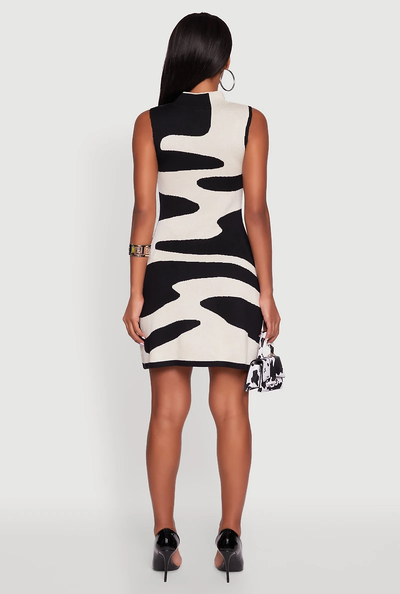 Womens Trendy Sleeveless Printed Pattern Mock Neck Sweater Dress, Multi, Size M