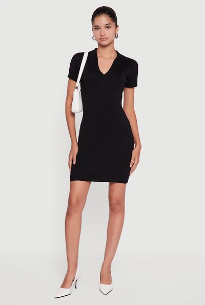Womens Ribbed Knit Johnny Collar Sweater Dress, Black, Size M