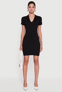 Womens Ribbed Knit Johnny Collar Sweater Dress, Black, Size M