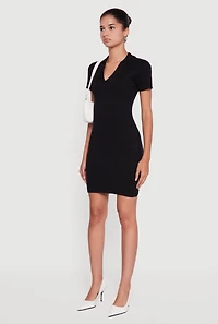 Womens Ribbed Knit Johnny Collar Sweater Dress, Black, Size M