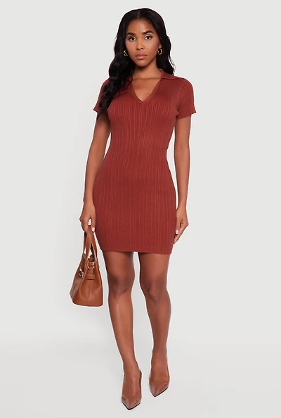 Womens Ribbed Knit Johnny Collar Sweater Dress, Orange, Size S