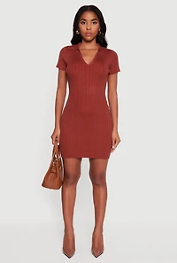 Womens Ribbed Knit Johnny Collar Sweater Dress, Orange, Size S