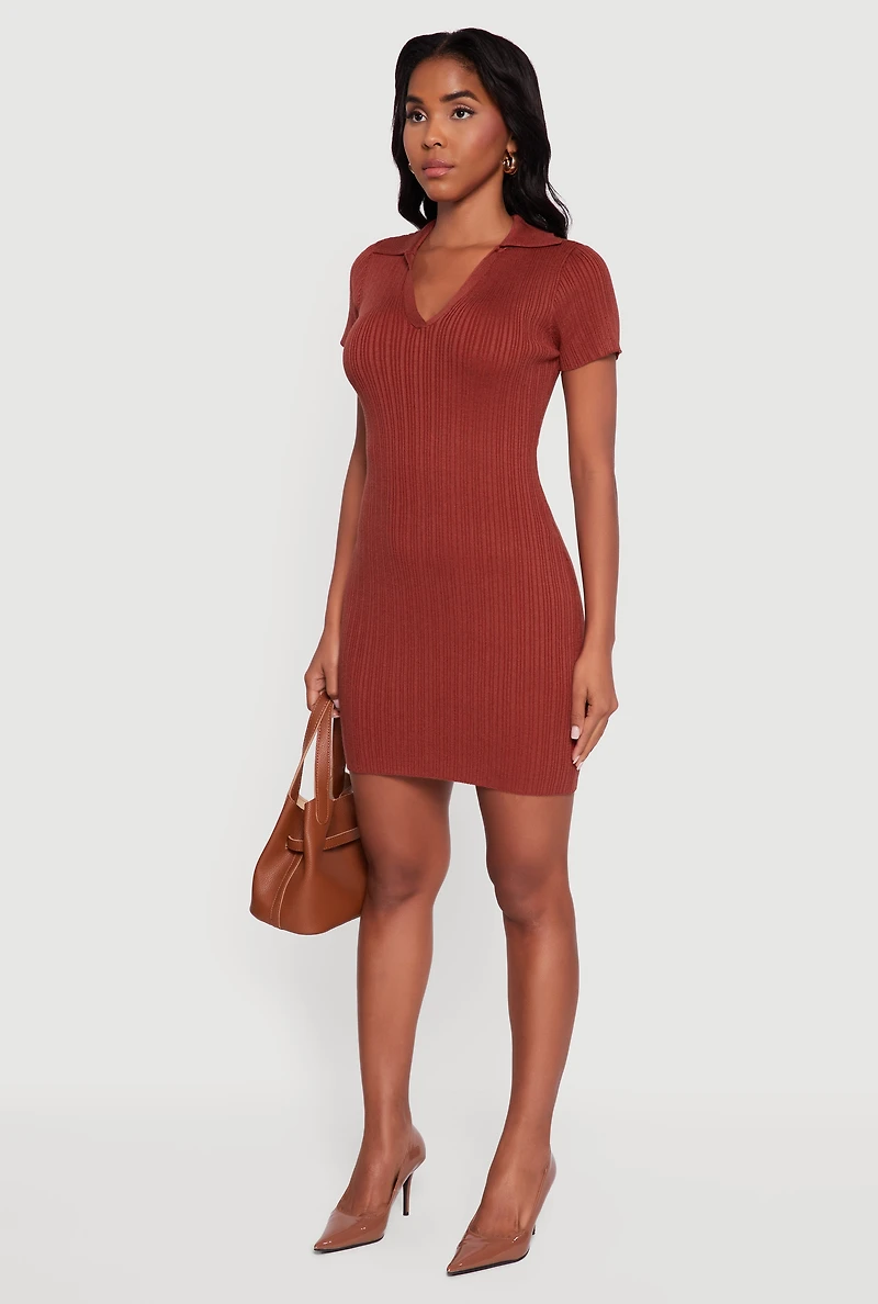 Womens Ribbed Knit Johnny Collar Sweater Dress, Orange, Size S