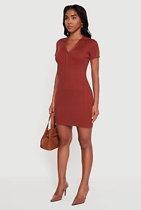 Womens Ribbed Knit Johnny Collar Sweater Dress, Orange, Size S