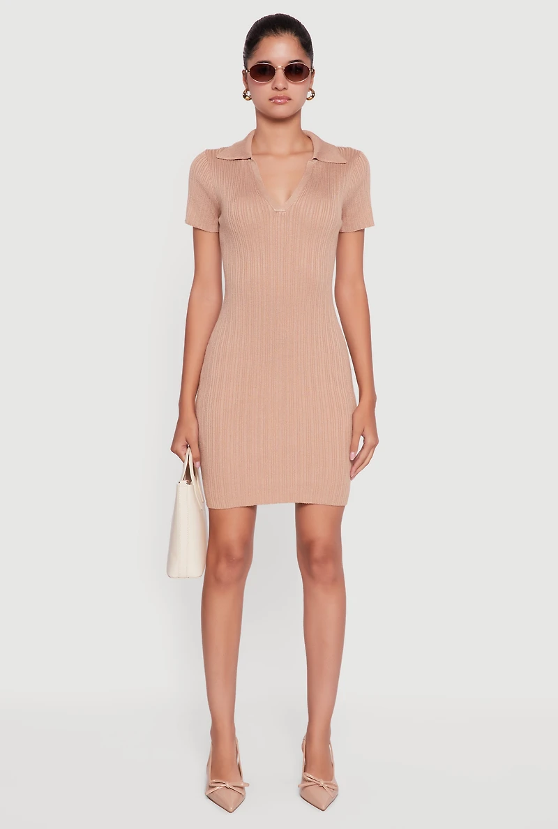 Womens Ribbed Knit Johnny Collar Sweater Dress,