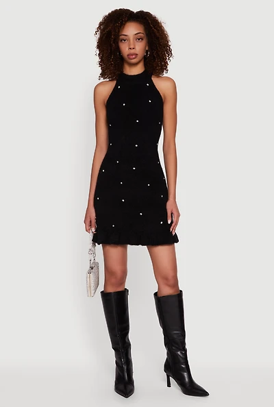 Womens Rhinestone Eyelash Knit Ruffle Hem Sweater Dress, Black, Size S