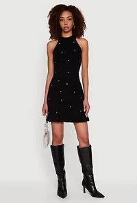 Womens Rhinestone Eyelash Knit Ruffle Hem Sweater Dress, Black, Size S