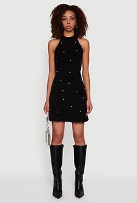 Womens Rhinestone Eyelash Knit Ruffle Hem Sweater Dress, Black, Size S