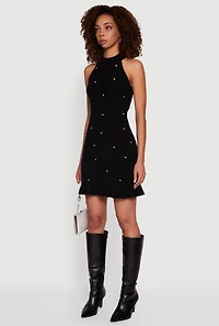 Womens Rhinestone Eyelash Knit Ruffle Hem Sweater Dress, Black, Size S