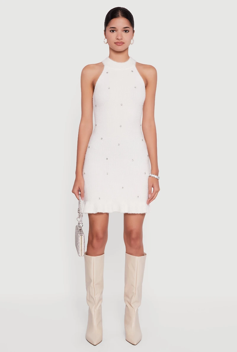 Womens Rhinestone Eyelash Knit Ruffle Hem Sweater Dress, White,