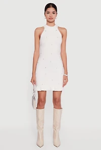 Womens Rhinestone Eyelash Knit Ruffle Hem Sweater Dress, White,