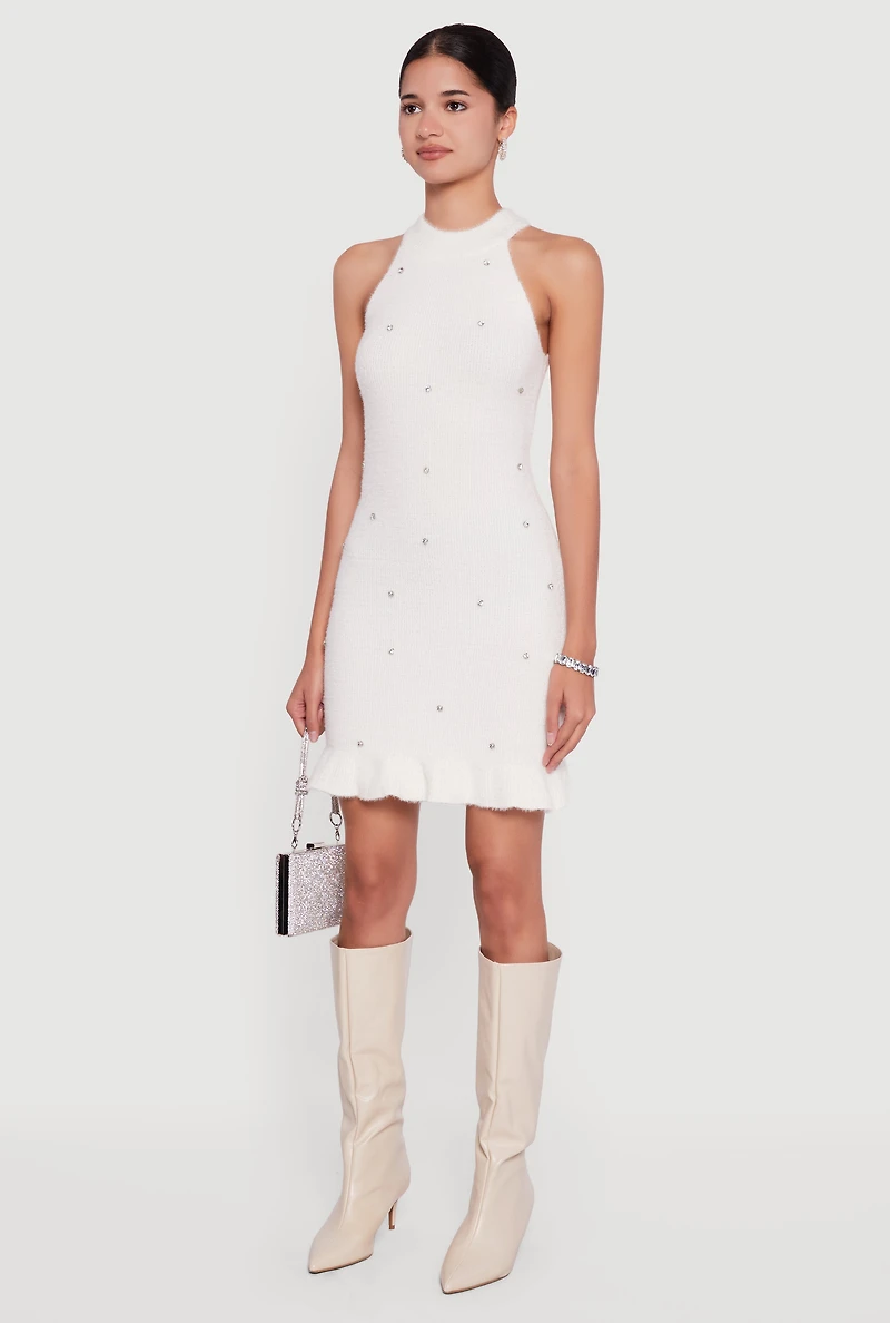 Rhinestone Eyelash Knit Ruffle Hem Sweater Dress