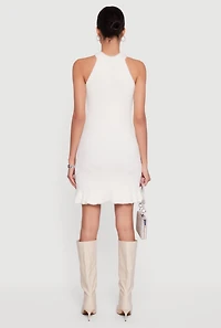 Womens Rhinestone Eyelash Knit Ruffle Hem Sweater Dress, White,