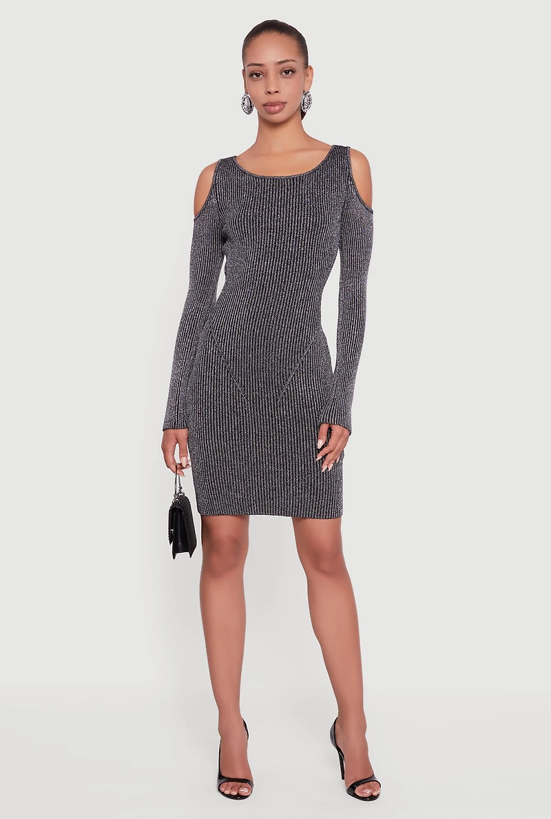 Womens Lurex Rib Knit Cold Shoulder Dress, Grey, Size M