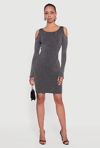 Womens Lurex Rib Knit Cold Shoulder Dress, Grey, Size M
