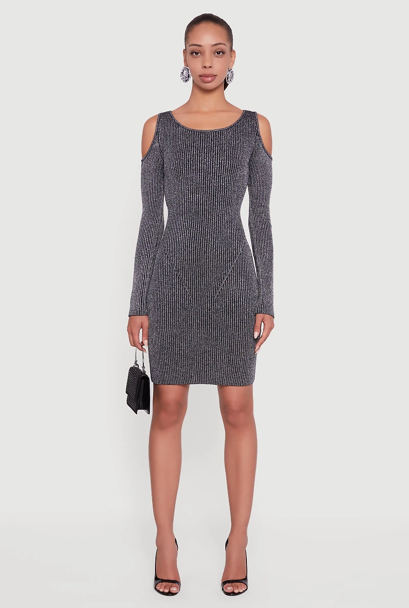Womens Lurex Rib Knit Cold Shoulder Dress, Grey, Size M