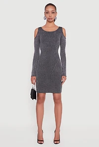 Womens Lurex Rib Knit Cold Shoulder Dress, Grey, Size M