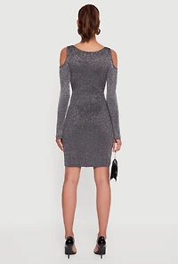 Womens Lurex Rib Knit Cold Shoulder Dress, Grey, Size M