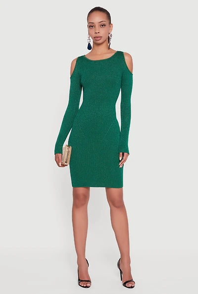 Womens Lurex Rib Knit Cold Shoulder Dress,