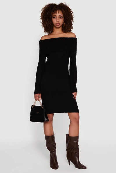 Womens Eyelash Knit Fold Over Off the Shoulder Sweater Dress,