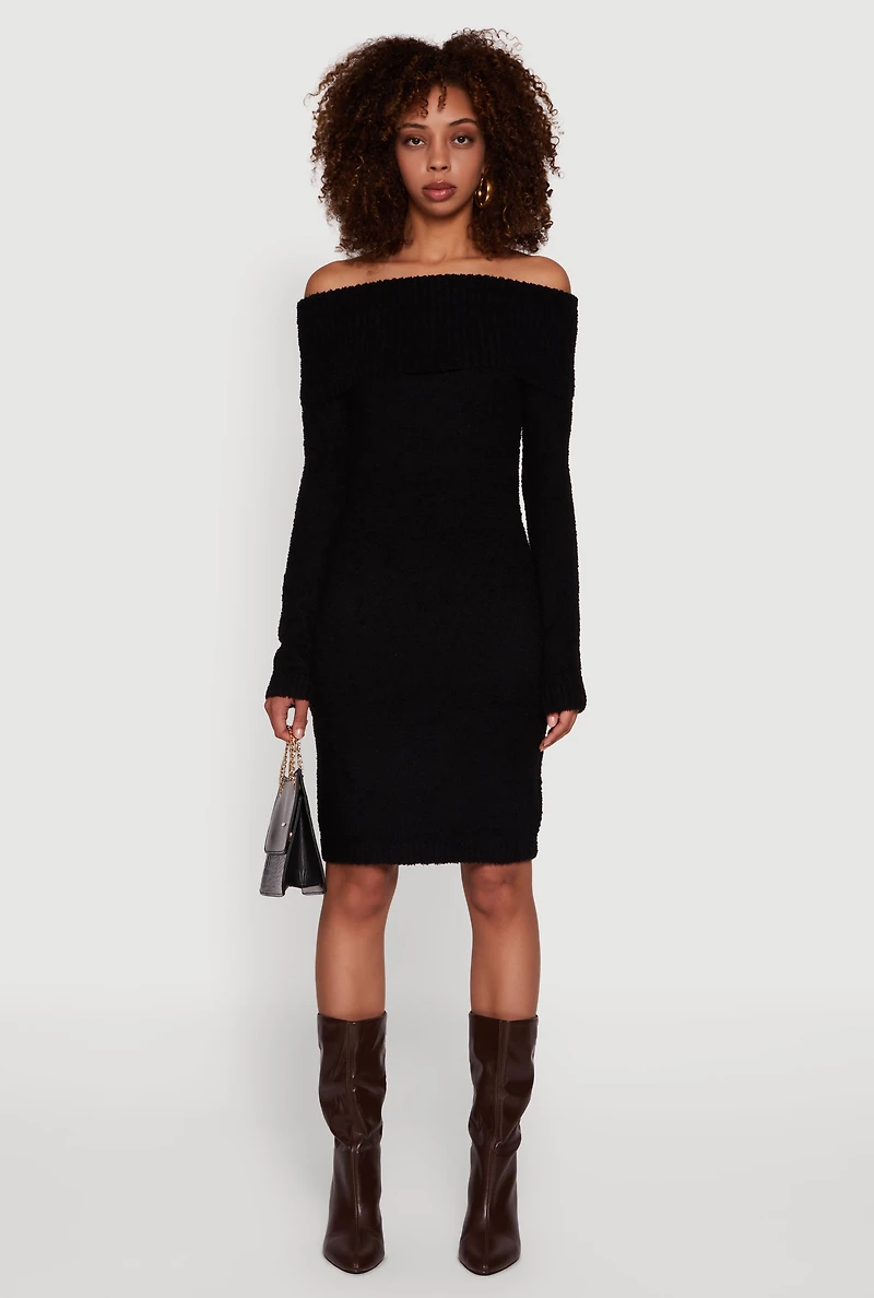Womens Eyelash Knit Fold Over Off the Shoulder Sweater Dress, Black,