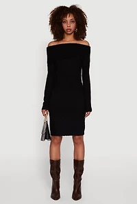 Womens Eyelash Knit Fold Over Off the Shoulder Sweater Dress, Black,