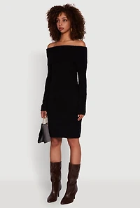 Womens Eyelash Knit Fold Over Off the Shoulder Sweater Dress, Black,