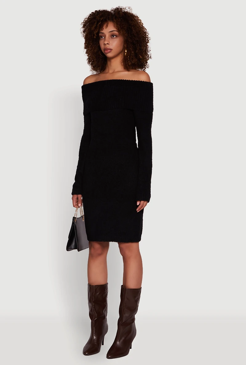 Eyelash Knit Fold Over Off the Shoulder Sweater Dress