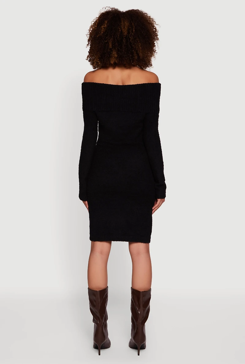 Womens Eyelash Knit Fold Over Off the Shoulder Sweater Dress, Black,