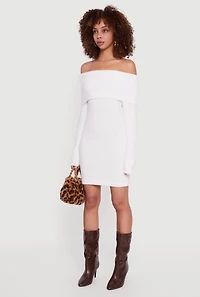 Eyelash Knit Fold Over Off the Shoulder Sweater Dress