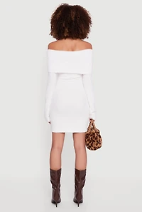 Eyelash Knit Fold Over Off the Shoulder Sweater Dress