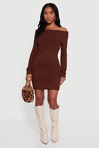 Eyelash Knit Fold Over Off the Shoulder Sweater Dress