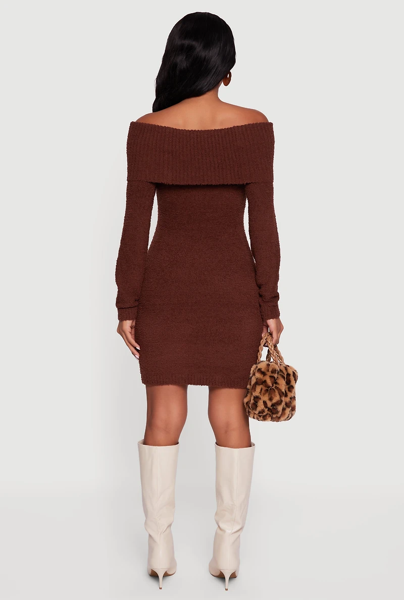 Eyelash Knit Fold Over Off the Shoulder Sweater Dress