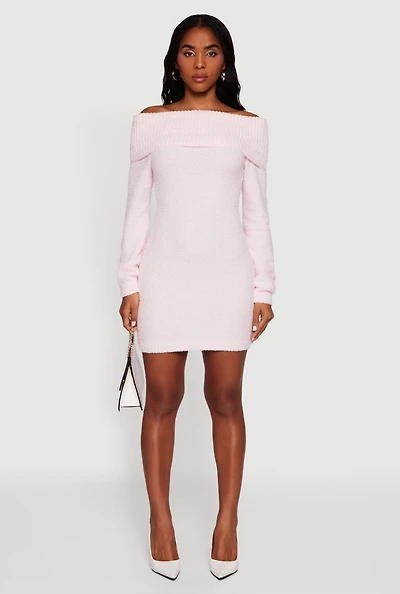 Womens Eyelash Knit Fold Over Off the Shoulder Sweater Dress,