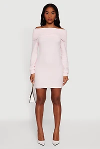 Womens Eyelash Knit Fold Over Off the Shoulder Sweater Dress, M