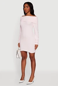 Eyelash Knit Fold Over Off the Shoulder Sweater Dress